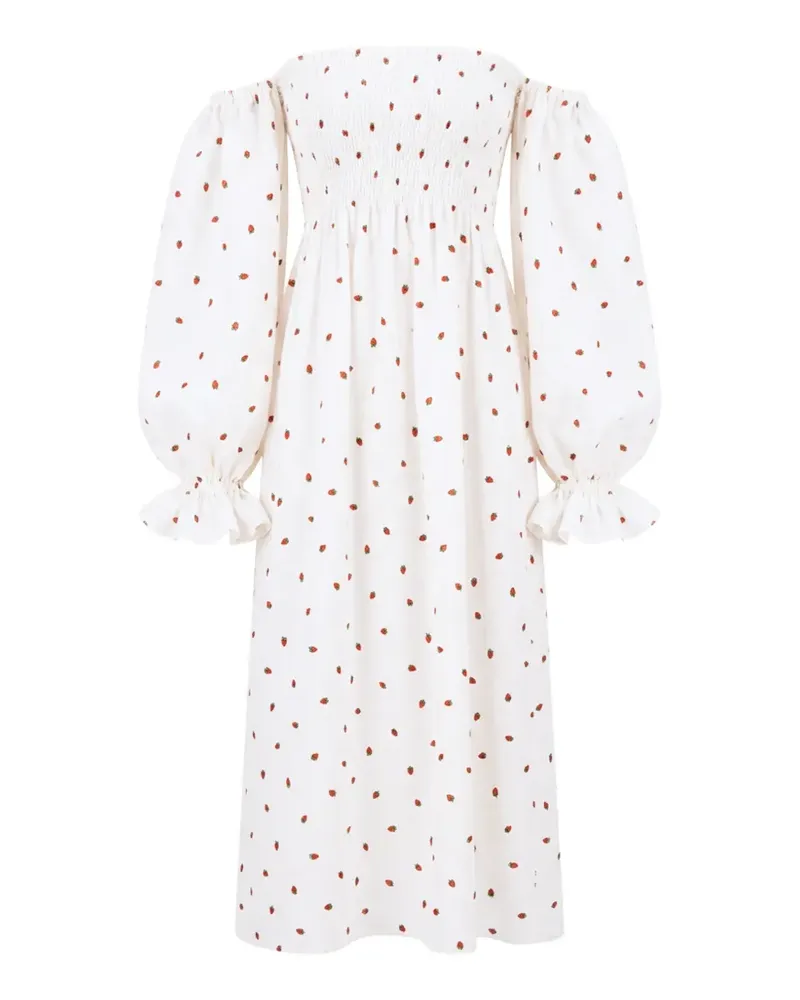 SLEEPER Atlanta Midikleid aus Leinen mit Erdbeer-Print - Weiß Weiß