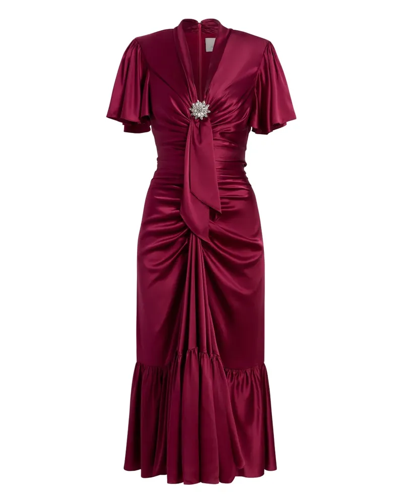 Cinq à Sept Gerüschtes Peeta Midikleid mit Brosche - Rot Rot