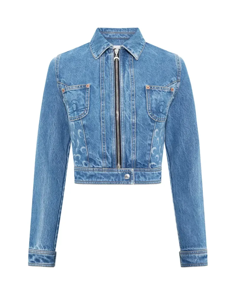 Marine Serre Moon-print cropped denim jacket - Blau Blau