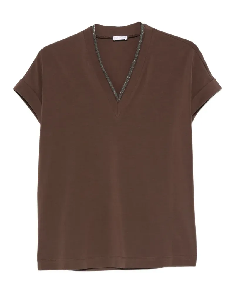 Brunello Cucinelli Monili-trim V-neck T-shirt - Braun Braun