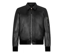 collar leather jacket - Schwarz