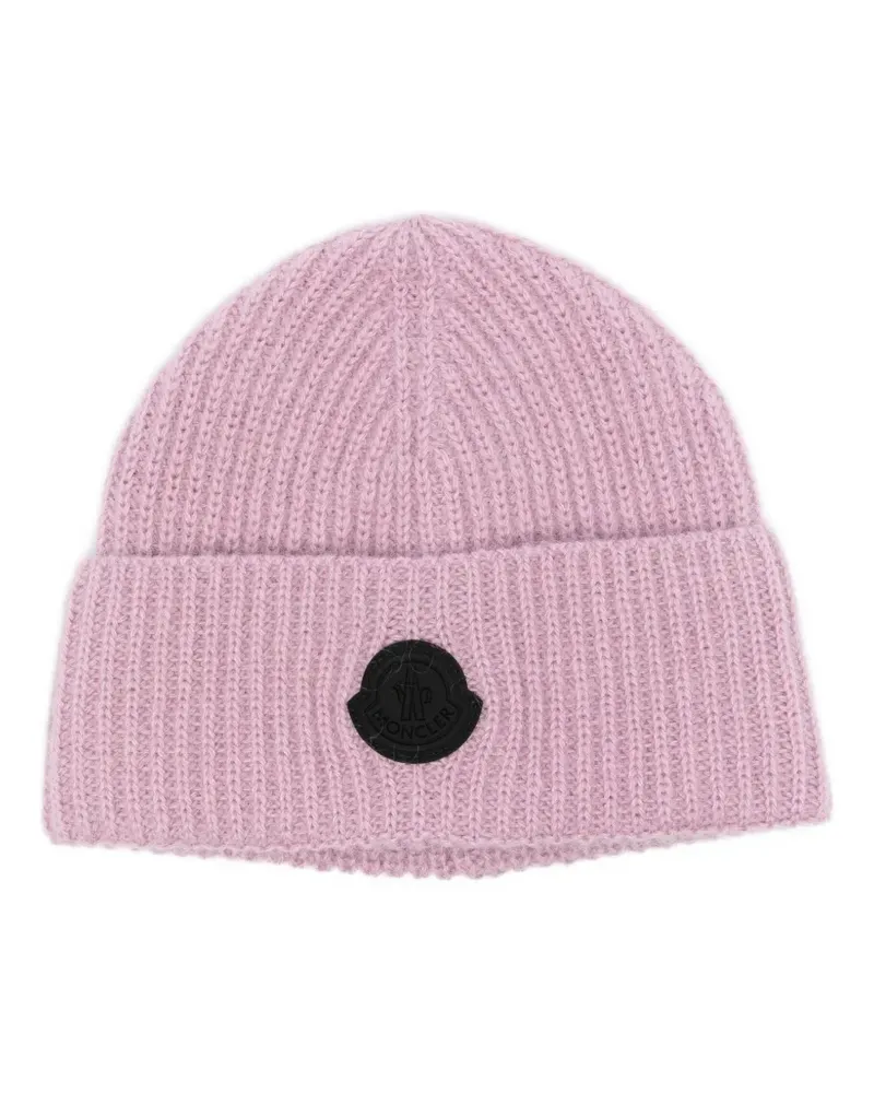 Moncler Gerippte Beanie mit Logo-Schild - Rosa Rosa