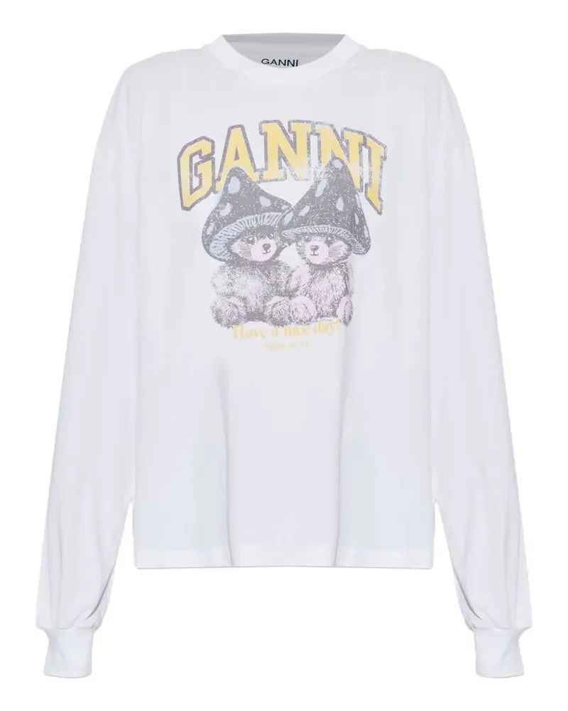 Ganni long-sleeve T-shirt with mushroom teddy - Weiß Weiß