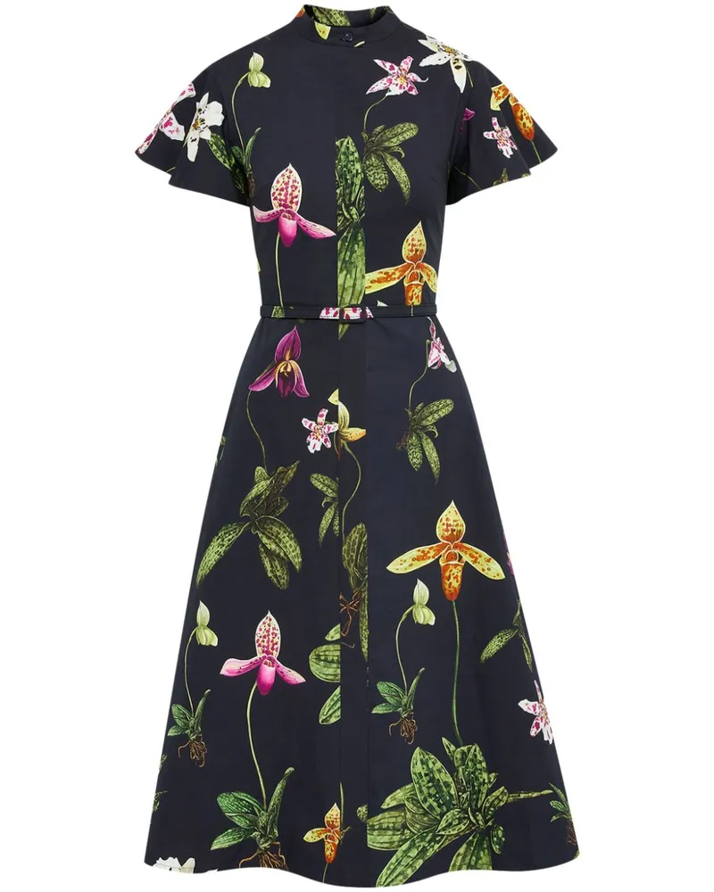 Oscar de la Renta Kurzärmeliges Orchid Popeline-Kleid - Blau Blau