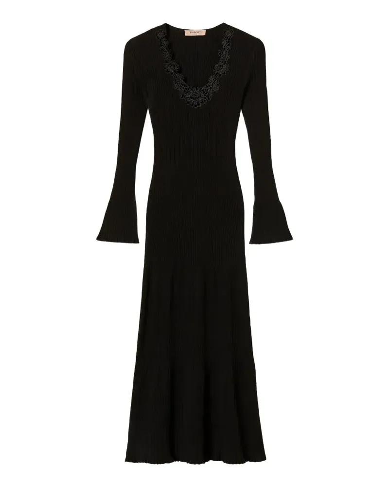Twin-Set long knit dress with macramé lace - Schwarz Schwarz