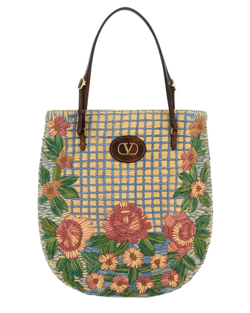 Valentino Garavani embroidered-raffia V-logo shoulder bag - Nude Nude