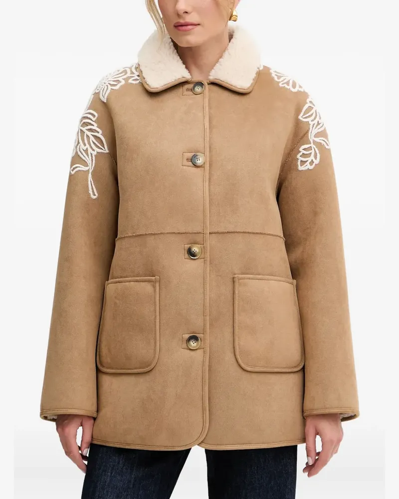 Ermanno Scervino floral-appliqué shearling-lined coat - Braun Braun