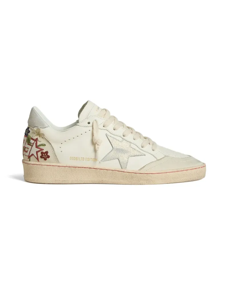 Golden Goose Ball Star Sneakers aus Leder mit platiniertem Wildlederstern und mehrfarbigen Blumenstickereien - Nude Nude