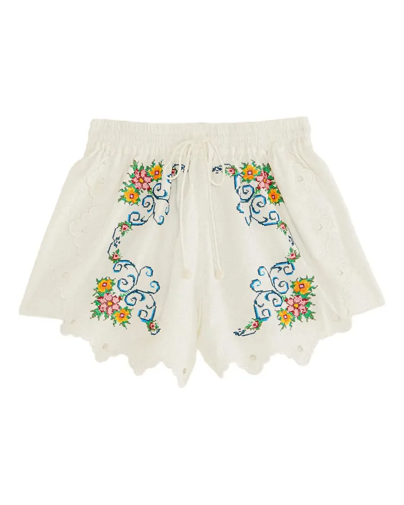 FARM Rio floral-embroidered scalloped shorts - Weiß Weiß