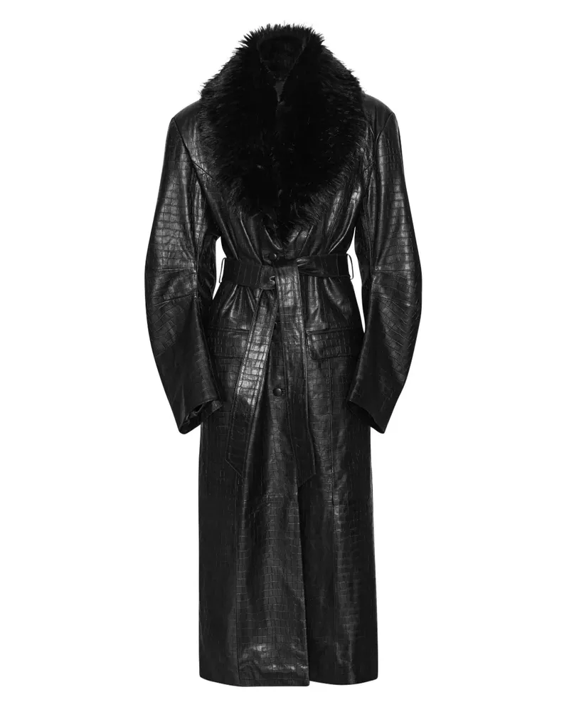 ROTATE Birger Christensen Ledermantel mit Faux-Fur-Kragen - Schwarz Schwarz