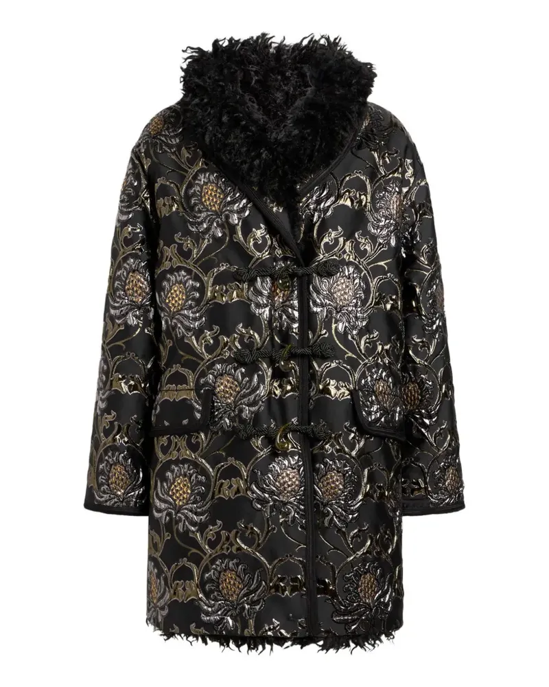 Etro short jacquard coat with belt and faux-fur - Schwarz Schwarz