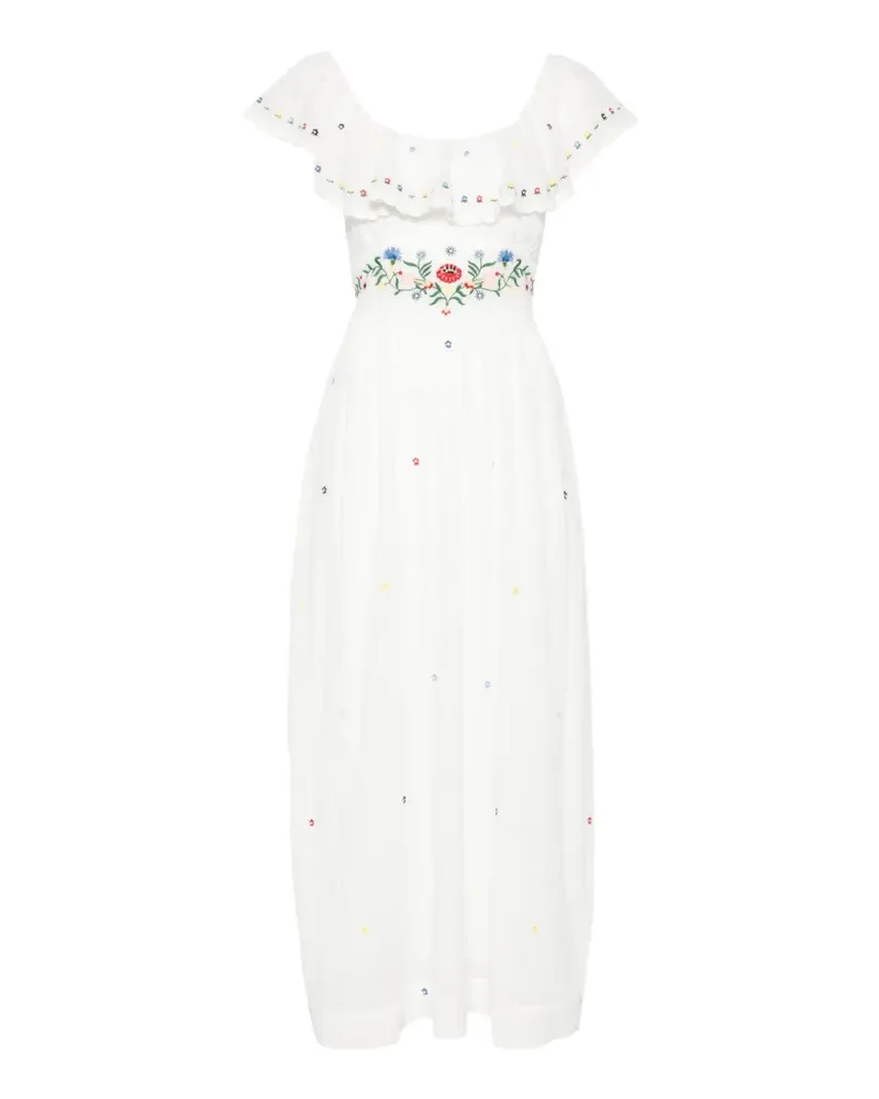 RIXO Ebony ruffled embroidered midi dress - Weiß Weiß