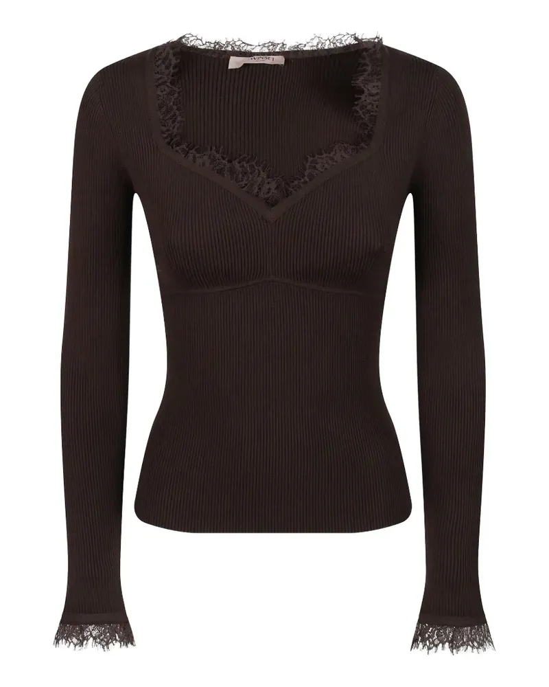 Twin-Set Gerippter Strickpullover mit Spitzenbesatz - Braun Braun