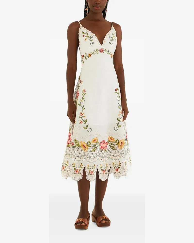 FARM Rio Besticktes Midikleid mit Wellensaum - Weiß Weiß