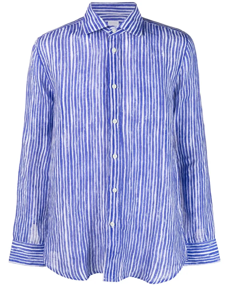120% Lino Gestreiftes Leinenhemd - Blau Blau