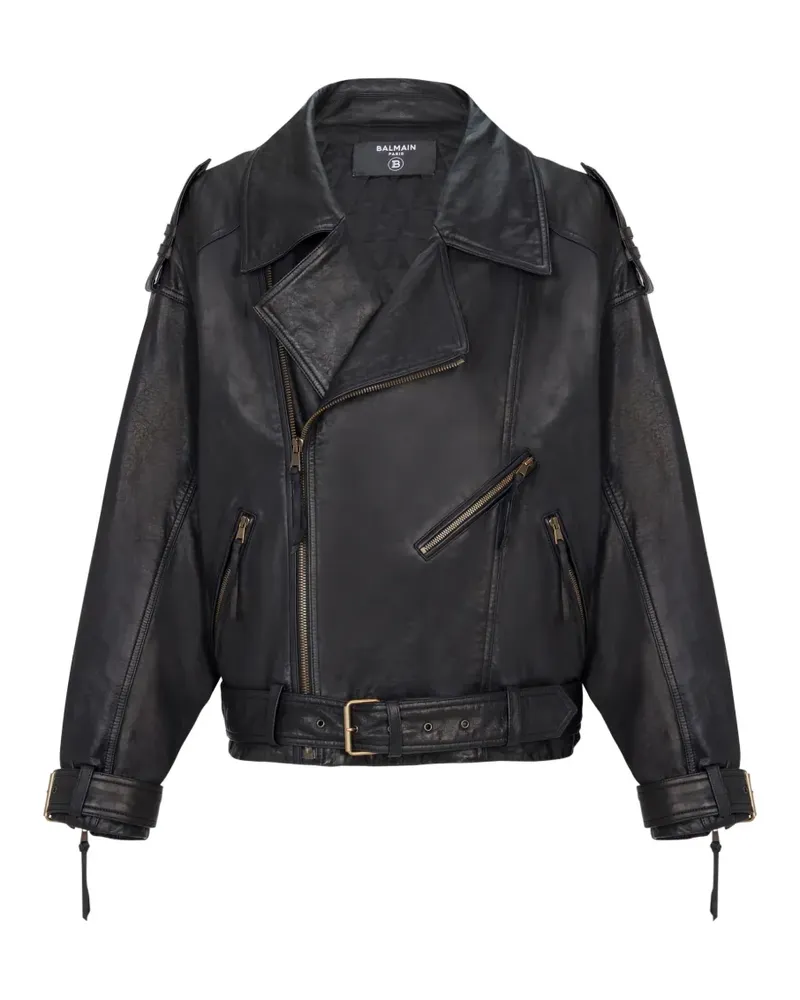 Balmain Lederjacke mit asymmetrischem Reißverschluss - Schwarz Schwarz