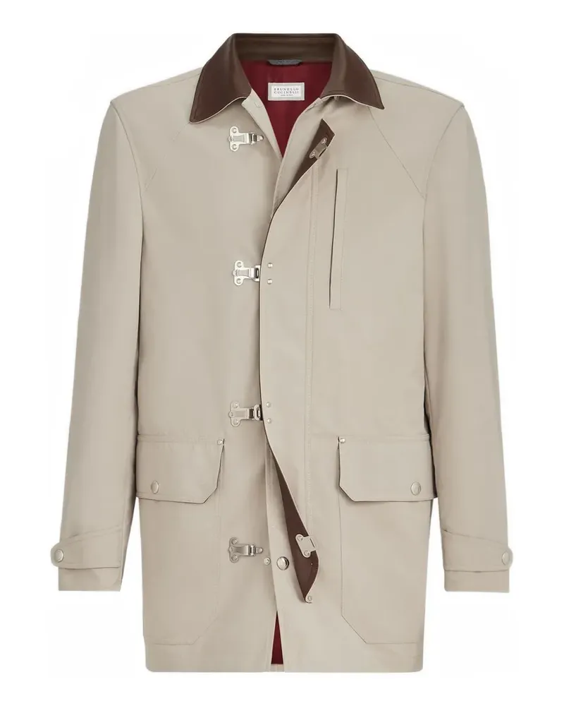 Brunello Cucinelli Wasserabweisende Microfaser-Outdoorjacke mit Hakenverschluss und Nappaledereinsätzen - Nude Nude