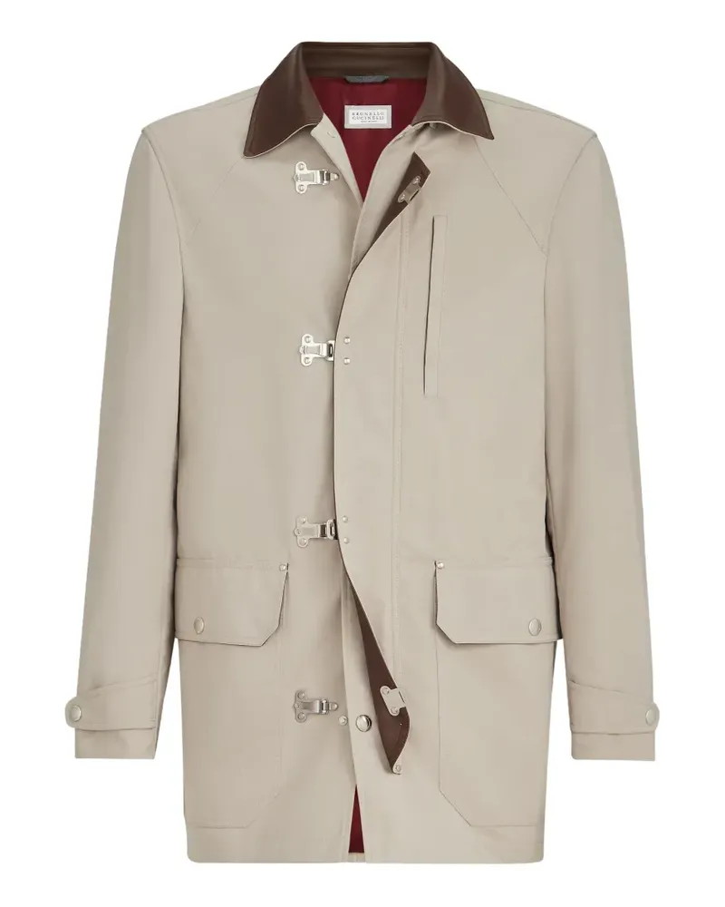 Brunello Cucinelli Wasserabweisende Microfaser-Outdoorjacke mit Hakenverschluss und Nappaledereinsätzen - Nude Nude