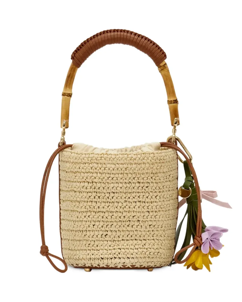 Self-Portrait bamboo-handle raffia shoulder bag - Nude Nude