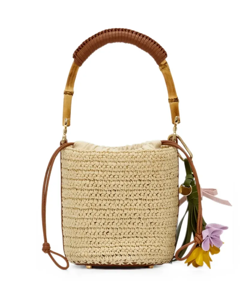 Self-Portrait bamboo-handle raffia shoulder bag - Nude Nude