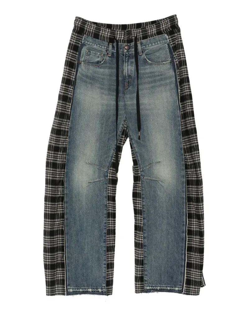 individual sentiments check-panelled wide-leg jeans - Blau Blau