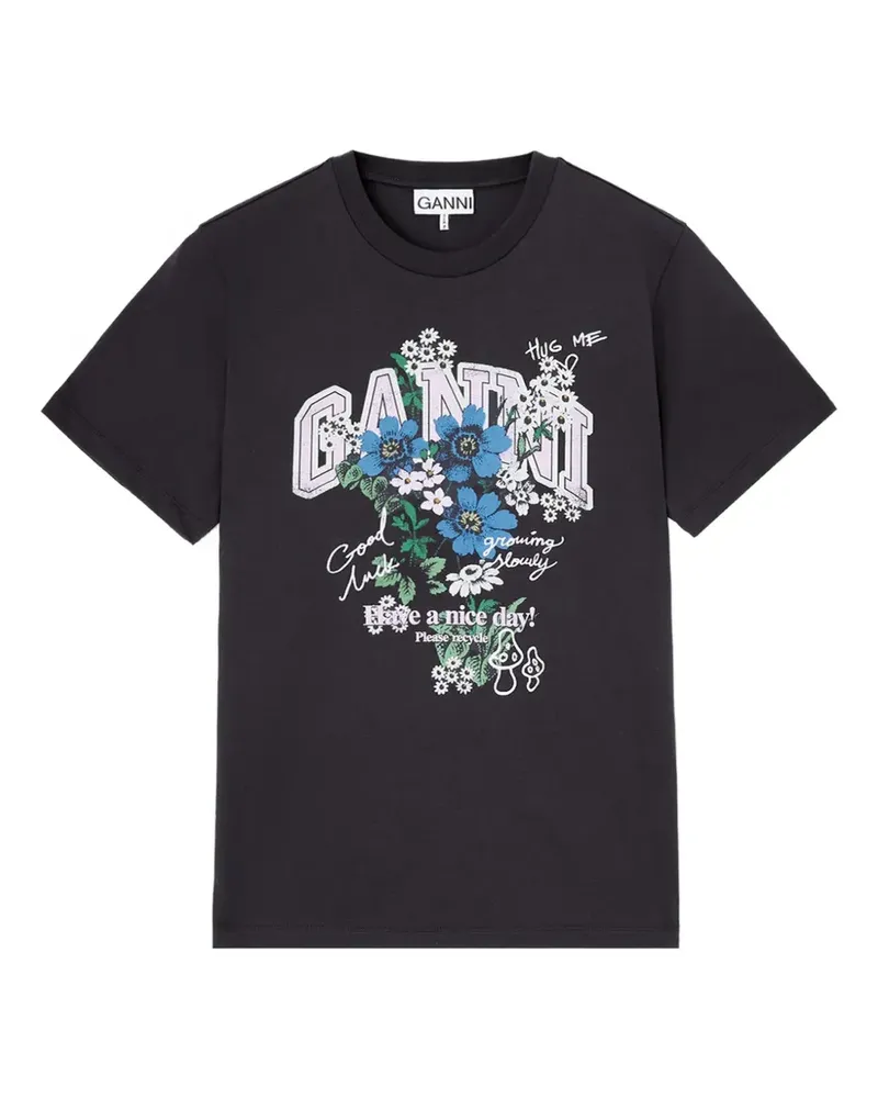 Ganni T-Shirt mit Blumen - Schwarz Schwarz