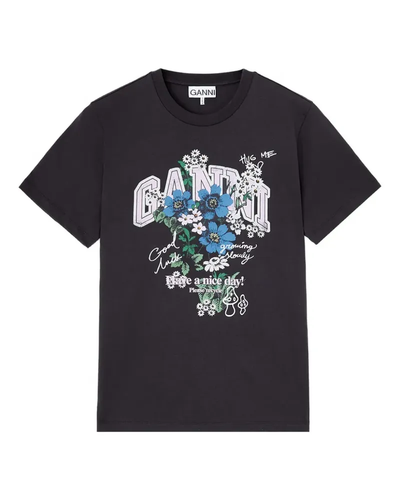 Ganni T-Shirt mit Blumen - Schwarz Schwarz