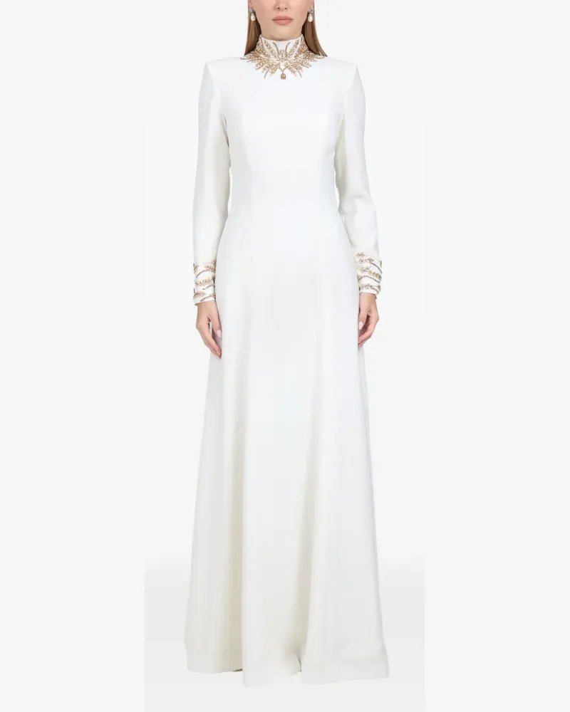 Dina Melwani Verziertes Krepp-Maxikleid mit Stehkragen - Weiß Weiß