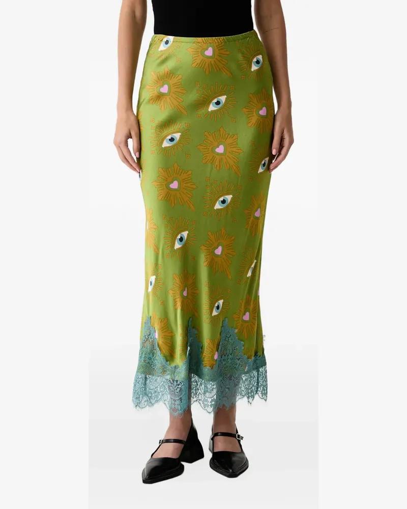 Never Fully Dressed eye-print lace-trim midi skirt - Grün Grün