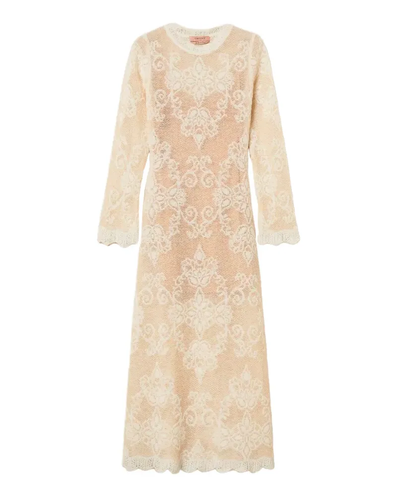 Twin-Set lace-knit long-sleeve midi dress - Nude Nude