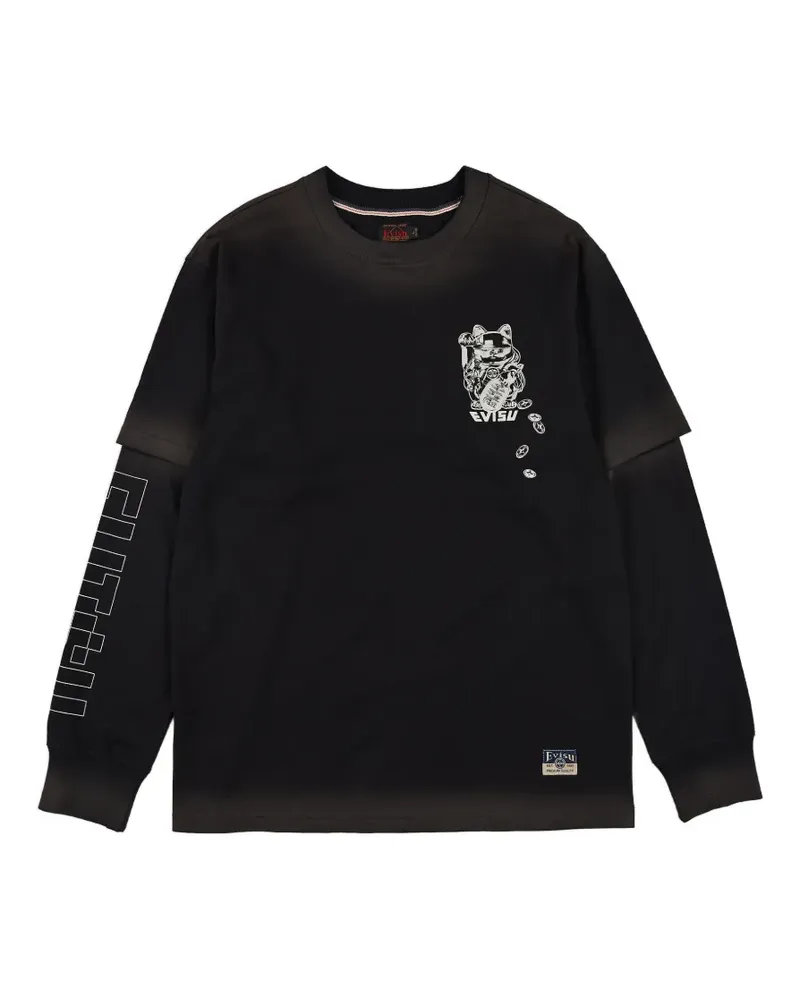 Evisu Fortune Cat T-Shirt im Layering-Look - Schwarz Schwarz