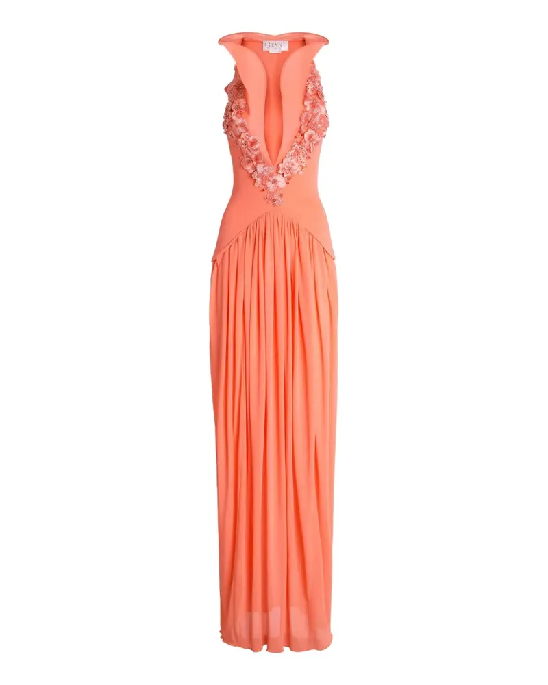 Genny floral-appliqué pleated maxi dress - Orange Orange
