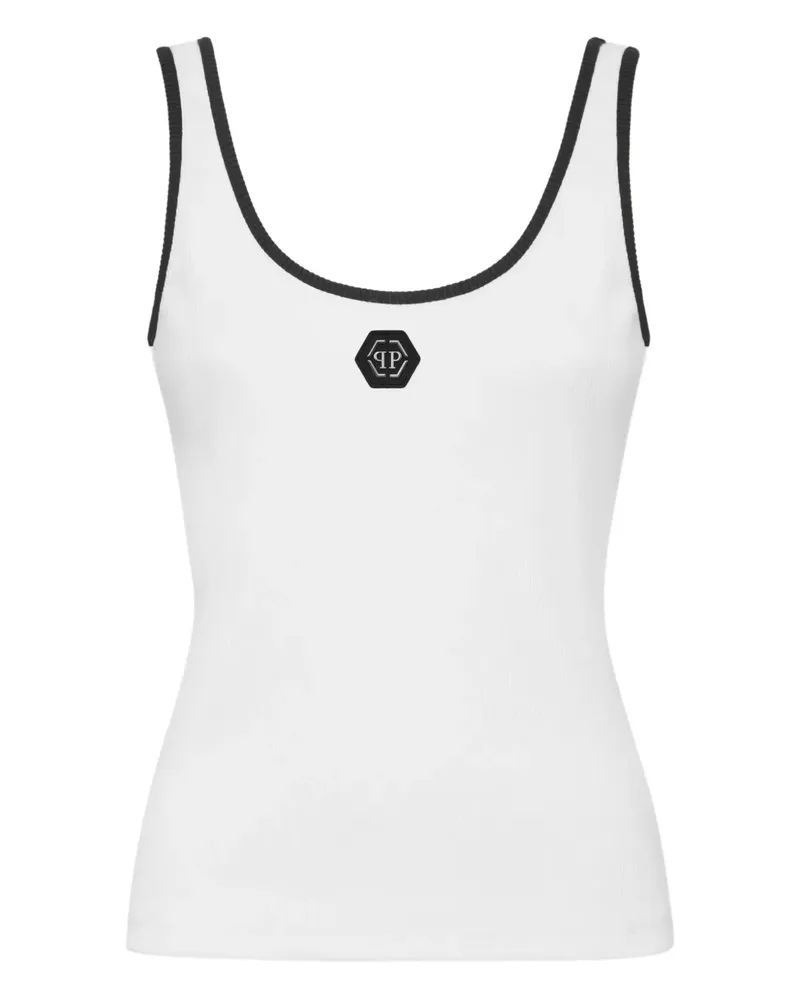 Philipp Plein Geripptes Tanktop mit sechseckigem Logo - Weiß Weiß