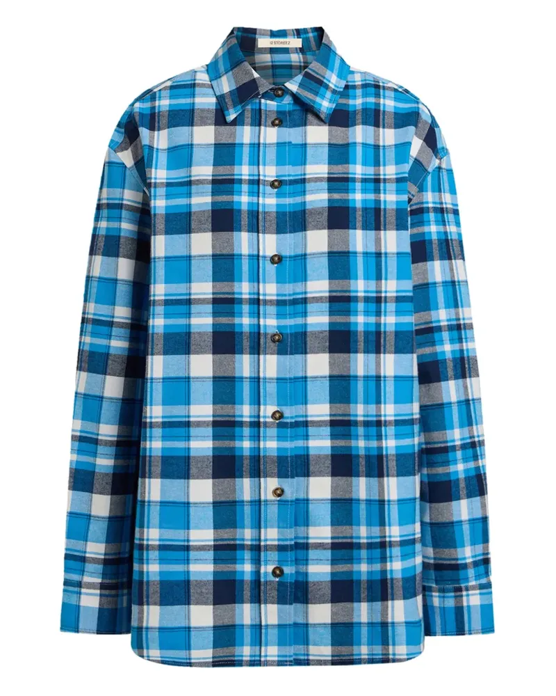 12 STOREEZ Kariertes Flanellhemd - Blau Blau