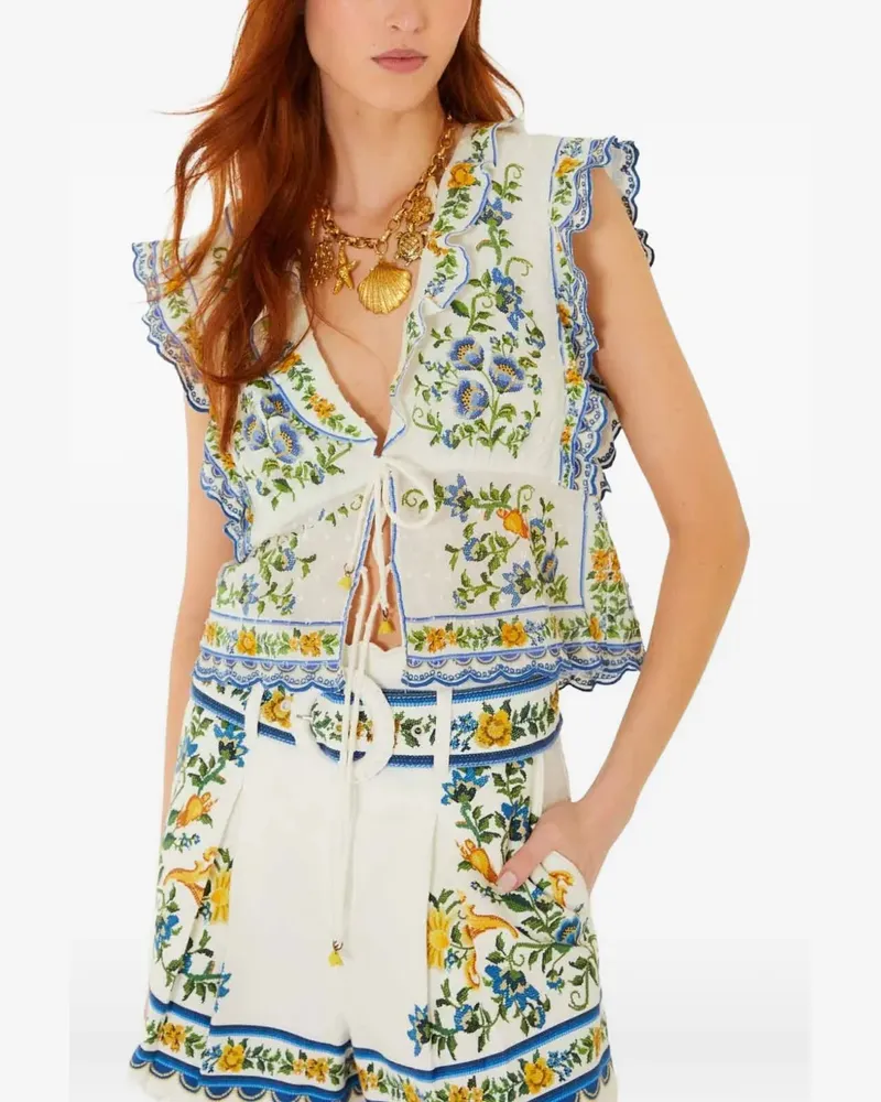 FARM Rio Emily Floral Tapestry Bluse - Weiß Weiß