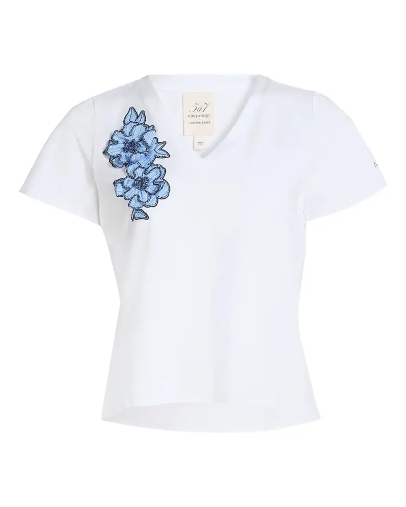 Cinq à Sept V-Ausschnitt-T-Shirt mit Blumenapplikation - Weiß Weiß