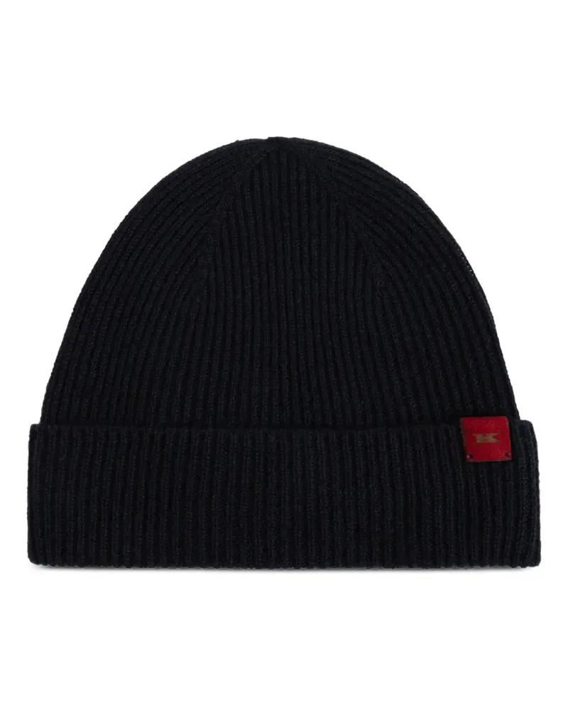 Kiton Gerippte Beanie mit Logo-Patch - Blau Blau