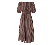 Gestreiftes Puffärmel-Kleid - Braun