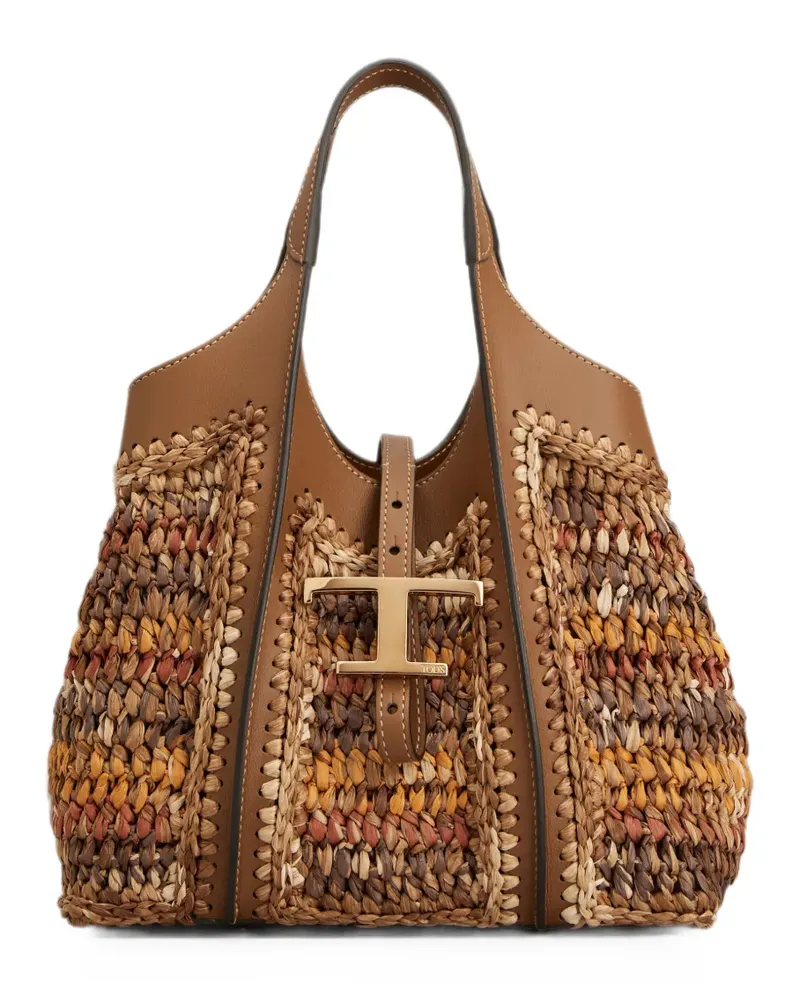 TOD'S T Timeless shopping bag in leather and raffia mini - Braun Braun