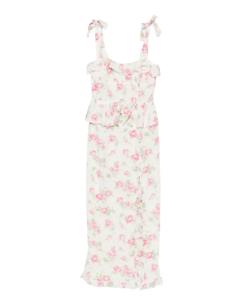 Alessandra Rich Gerüschtes Midikleid mit Blumenprint - Weiß Weiß