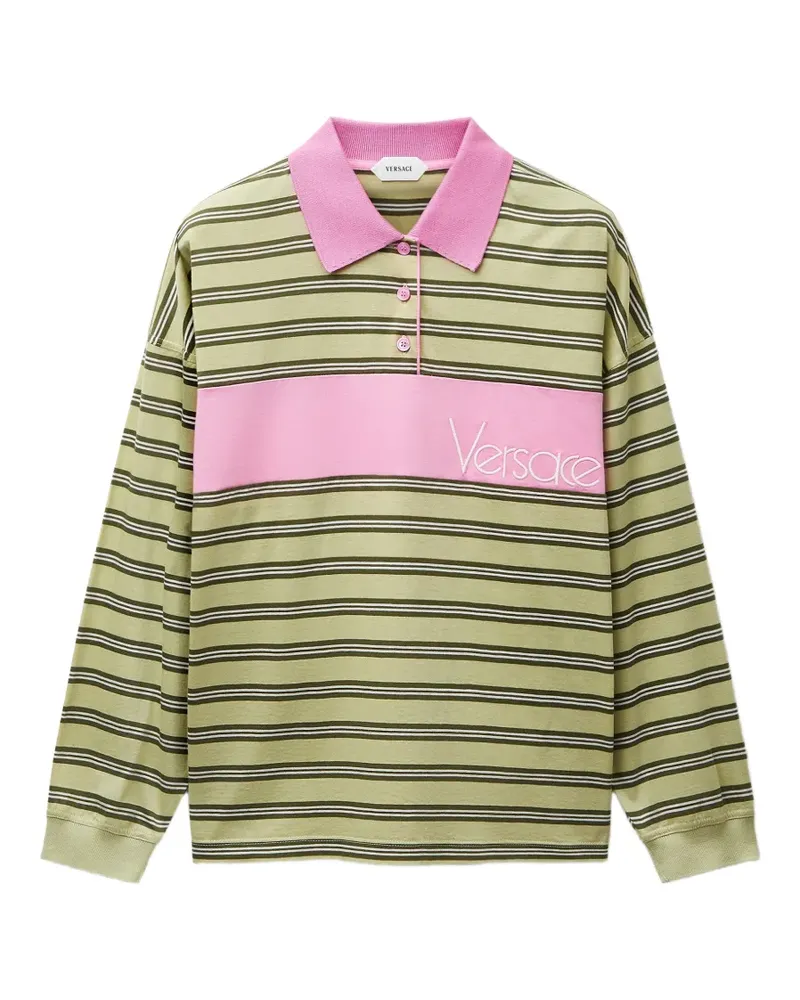 Versace Polo aus Baumwolle mit gesticktem Logo und Streifen-Intarsie - Gelb Gelb