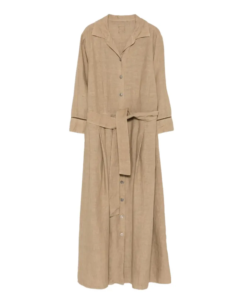 120% Lino belted ladder-stitch midi dress - Braun Braun