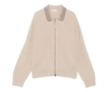 collar-embellished zip-up cardigan - Nude