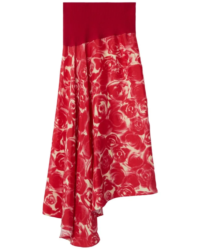 Burberry Asymmetrischer Seidenrock mit Rosen-Print - Rot Rot