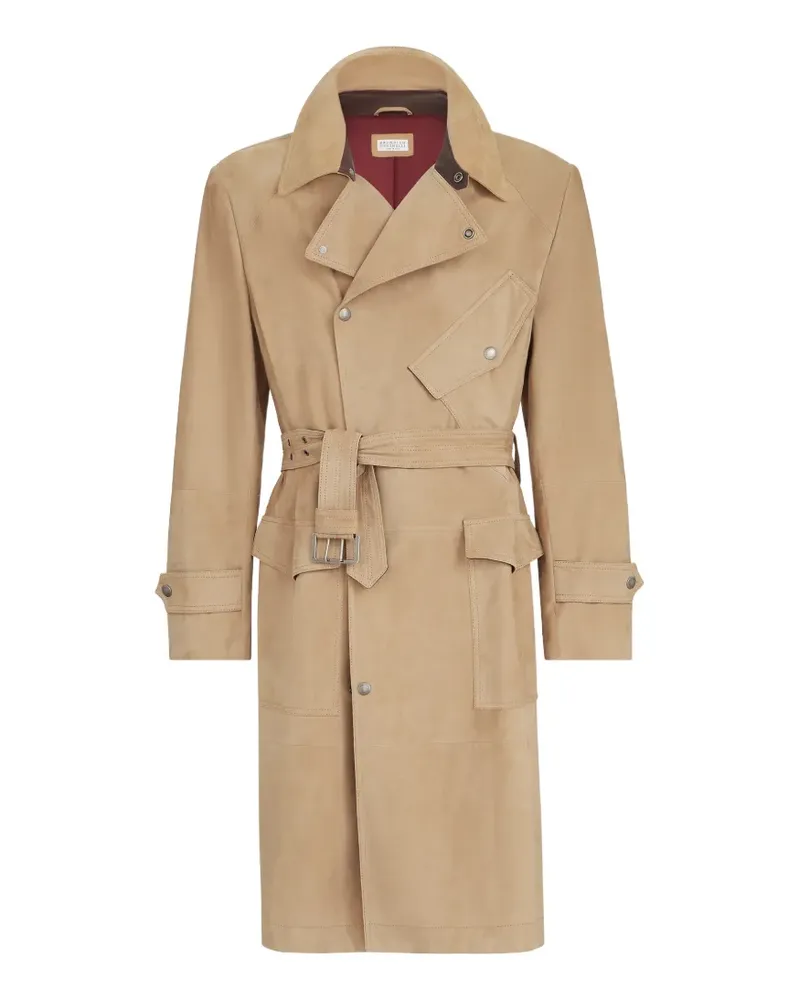 Brunello Cucinelli Motorrad-Trenchcoat aus Wildleder mit Nappaledereinsätzen - Nude Nude