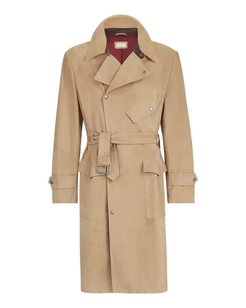 Brunello Cucinelli Motorrad-Trenchcoat aus Wildleder mit Nappaledereinsätzen - Nude Nude