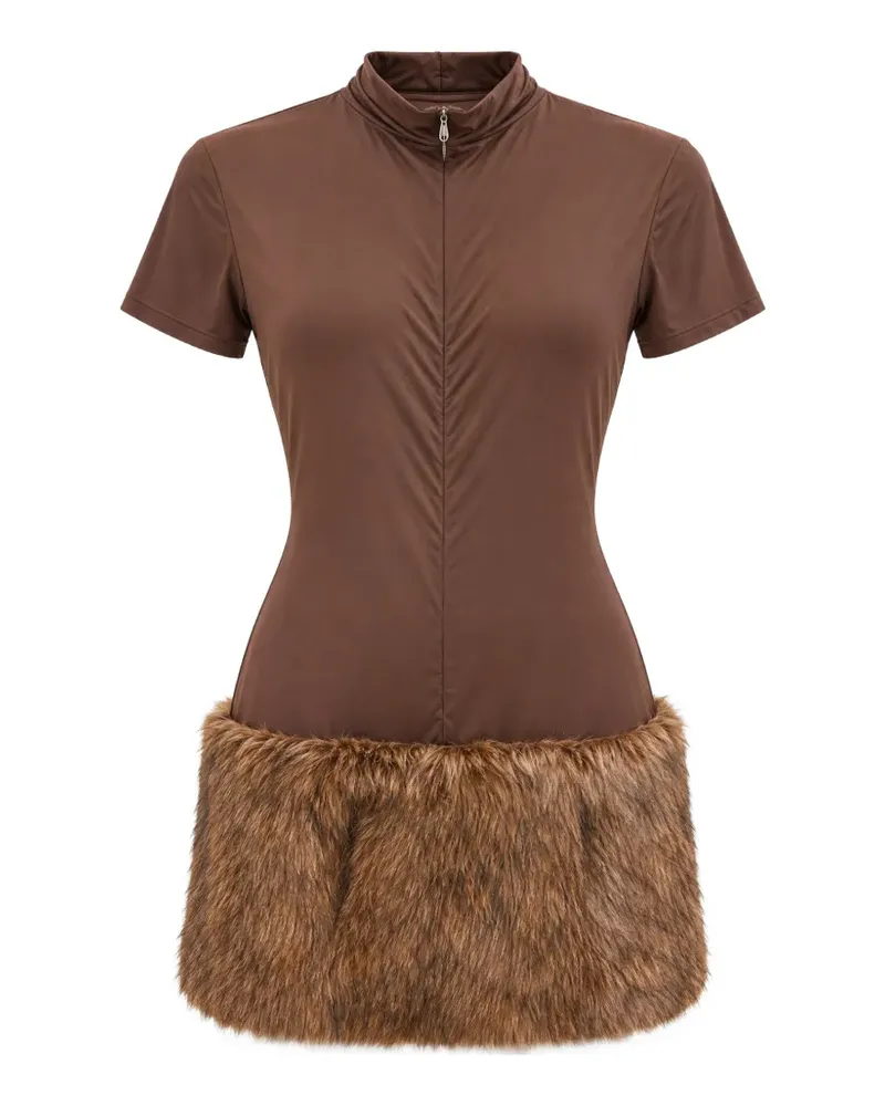 BRONX AND BANCO faux-fur trim short-sleeve mini dress - Braun Braun