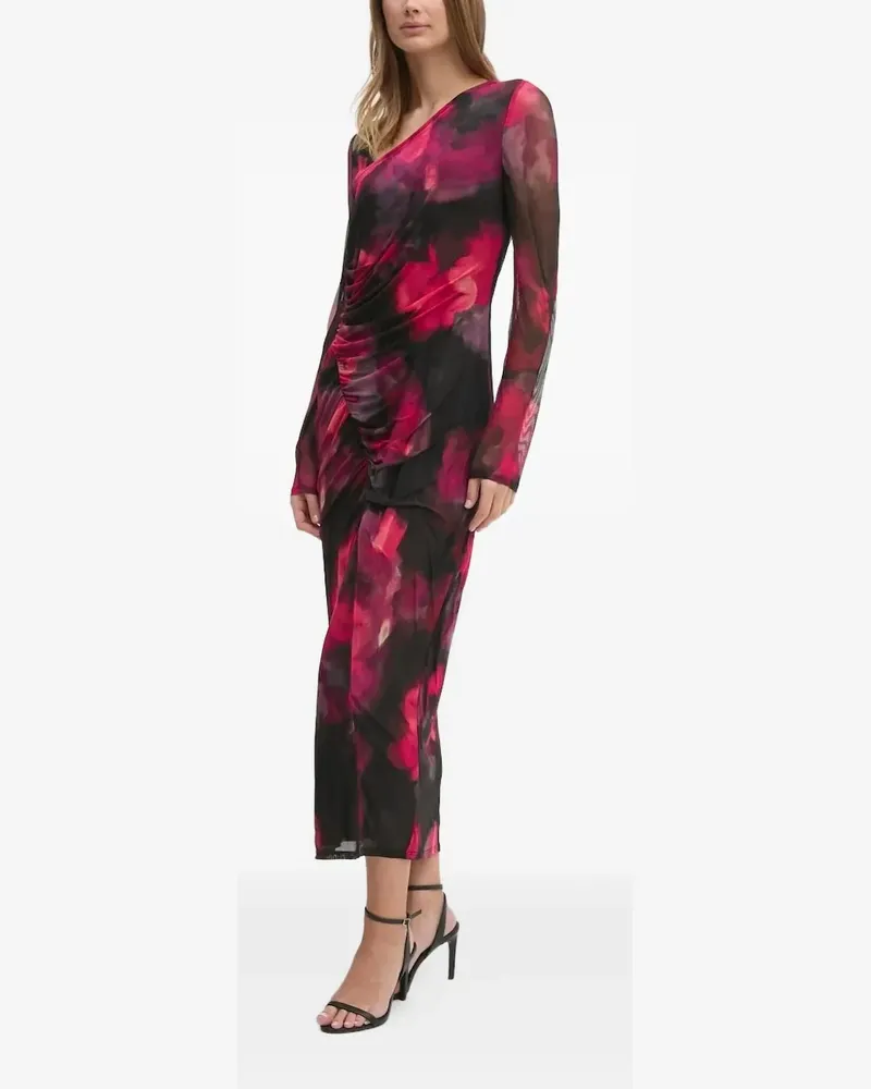 DKNY Gerafftes Midikleid mit Blumen-Print - Schwarz Schwarz