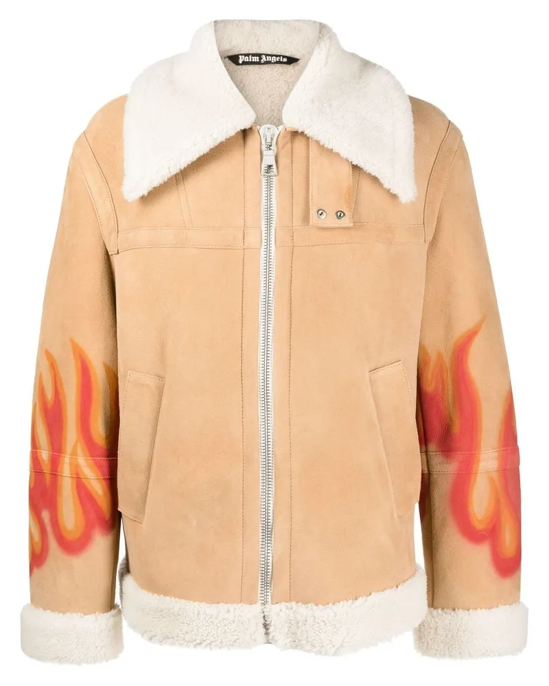 Palm Angels Shearling-Jacke mit Flammen-Print - Nude Nude