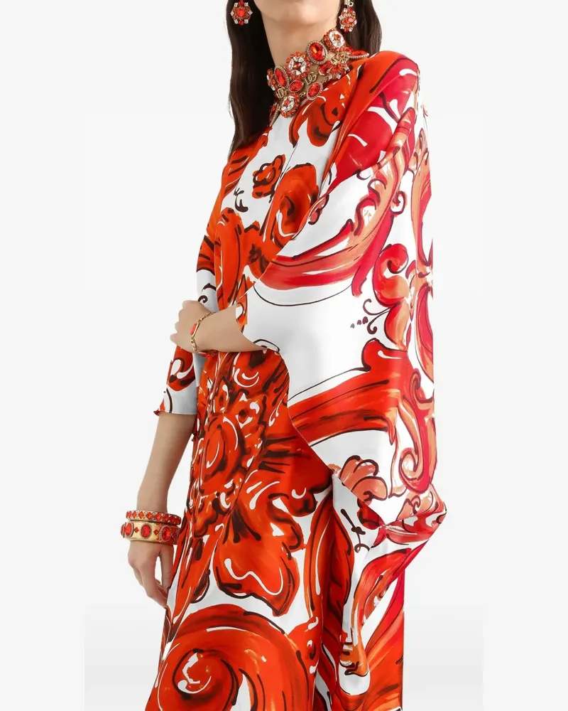 Dolce & Gabbana Langes Tunika-Kleid aus Twill mit Majolika-Print - Orange Orange